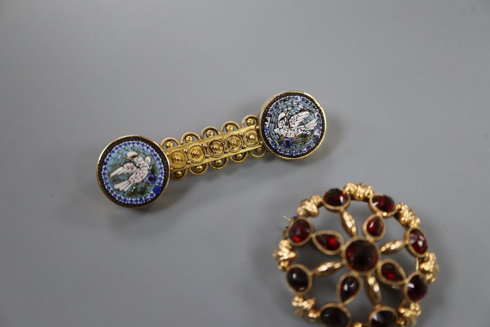 A late Victorian 15ct gold and twin circular micro mosaic panel set bar brooch & one other brooch.